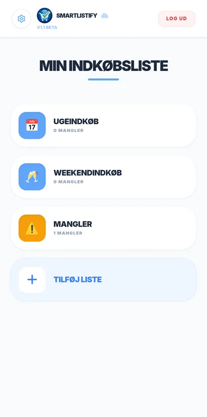 Oversigt med listerne Ugeindkøb, Weekendindkøb og Mangler